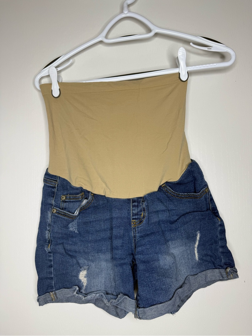Indigo Blue Maternity Denim Shorts with Beige Overband Small